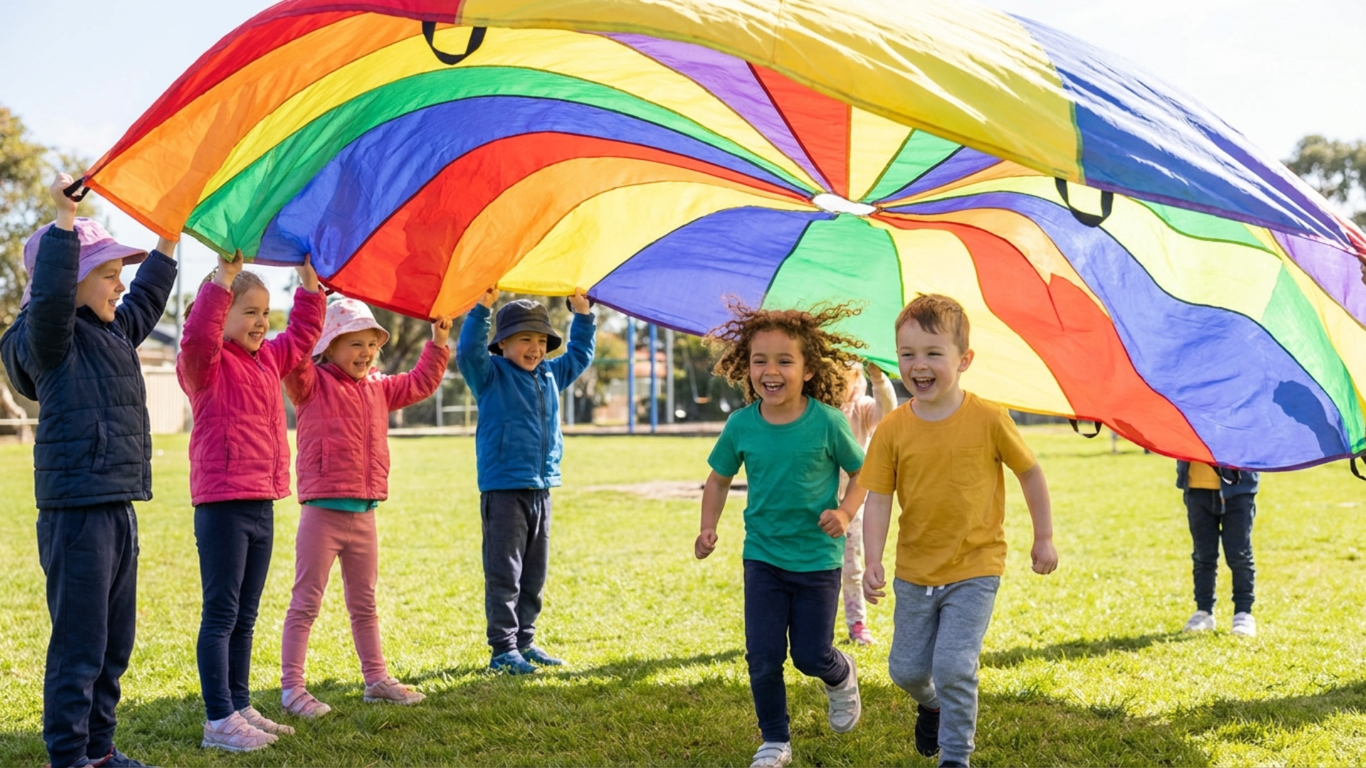 Kids running under a raised colorful parachute during an active movement parachute game