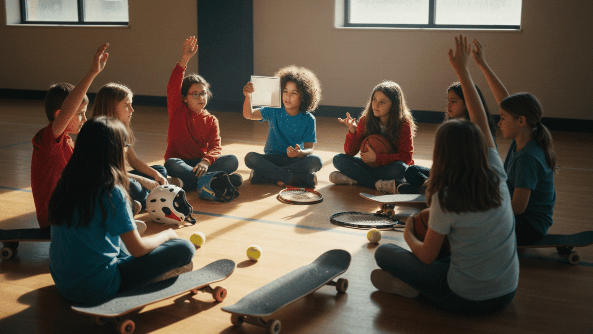 Kids sitting with mixed sports equipment while answering sports trivia questions.
