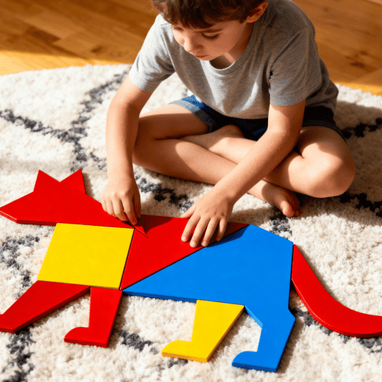 Kids solving different puzzle activities including hand-drawn paper mazes, a custom photo jigsaw puzzle, a DIY cardboard puzzle, and illustrated matching cards. (1)