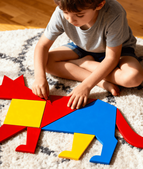 Kids solving different puzzle activities including hand-drawn paper mazes, a custom photo jigsaw puzzle, a DIY cardboard puzzle, and illustrated matching cards. (1)