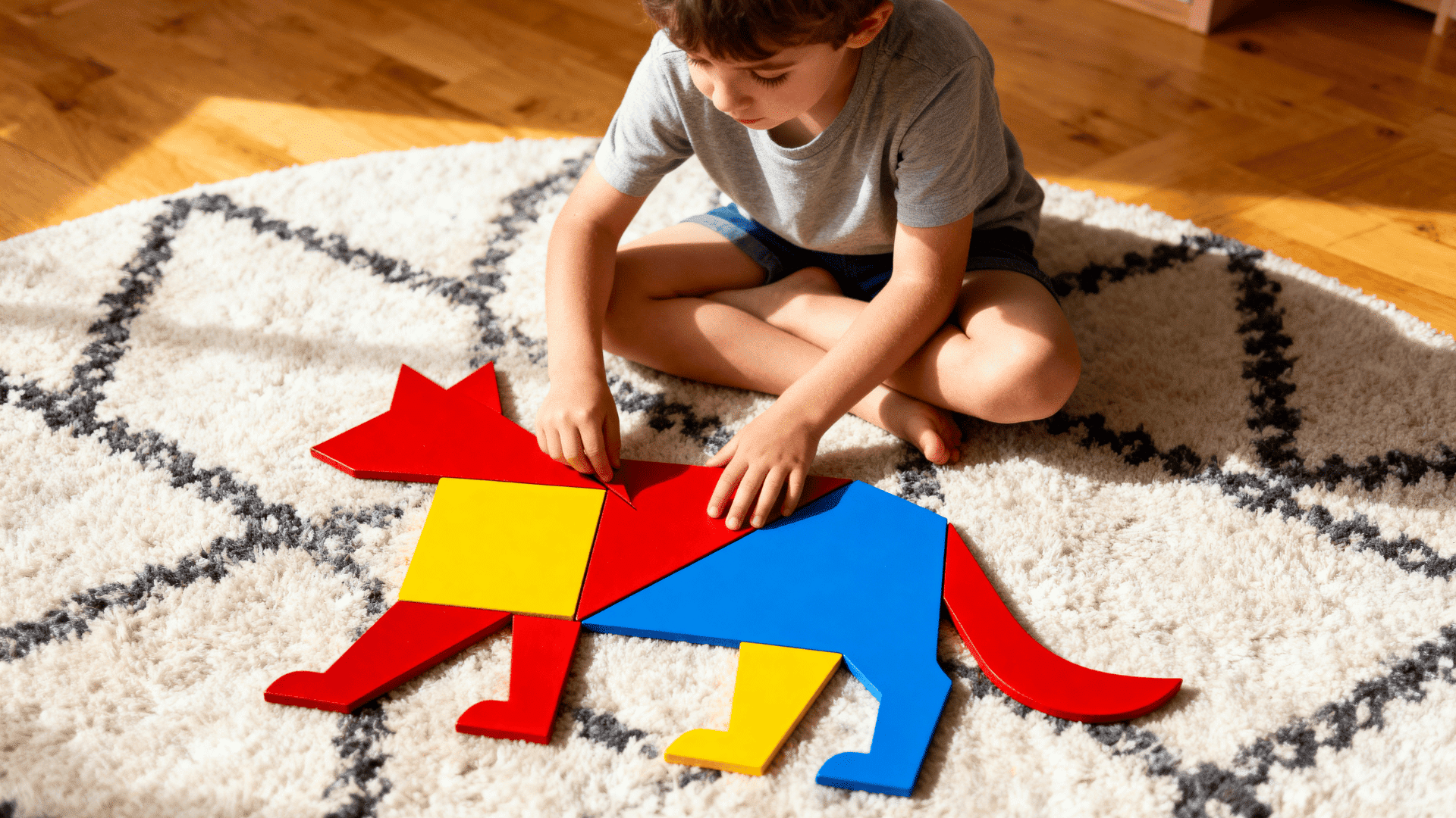 Kids solving different puzzle activities including hand-drawn paper mazes, a custom photo jigsaw puzzle, a DIY cardboard puzzle, and illustrated matching cards. (1)
