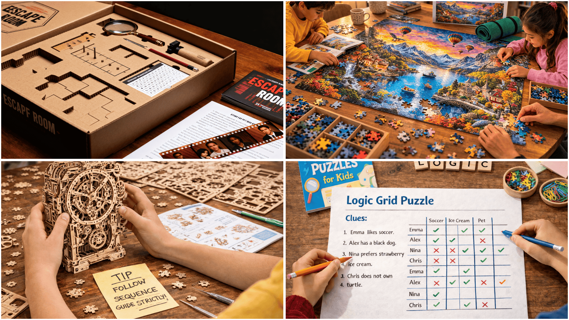 Kids solving different puzzles including an escape box challenge, a mechanical wooden model kit, a large scenic jigsaw puzzle, and a logic grid worksheet. (1)