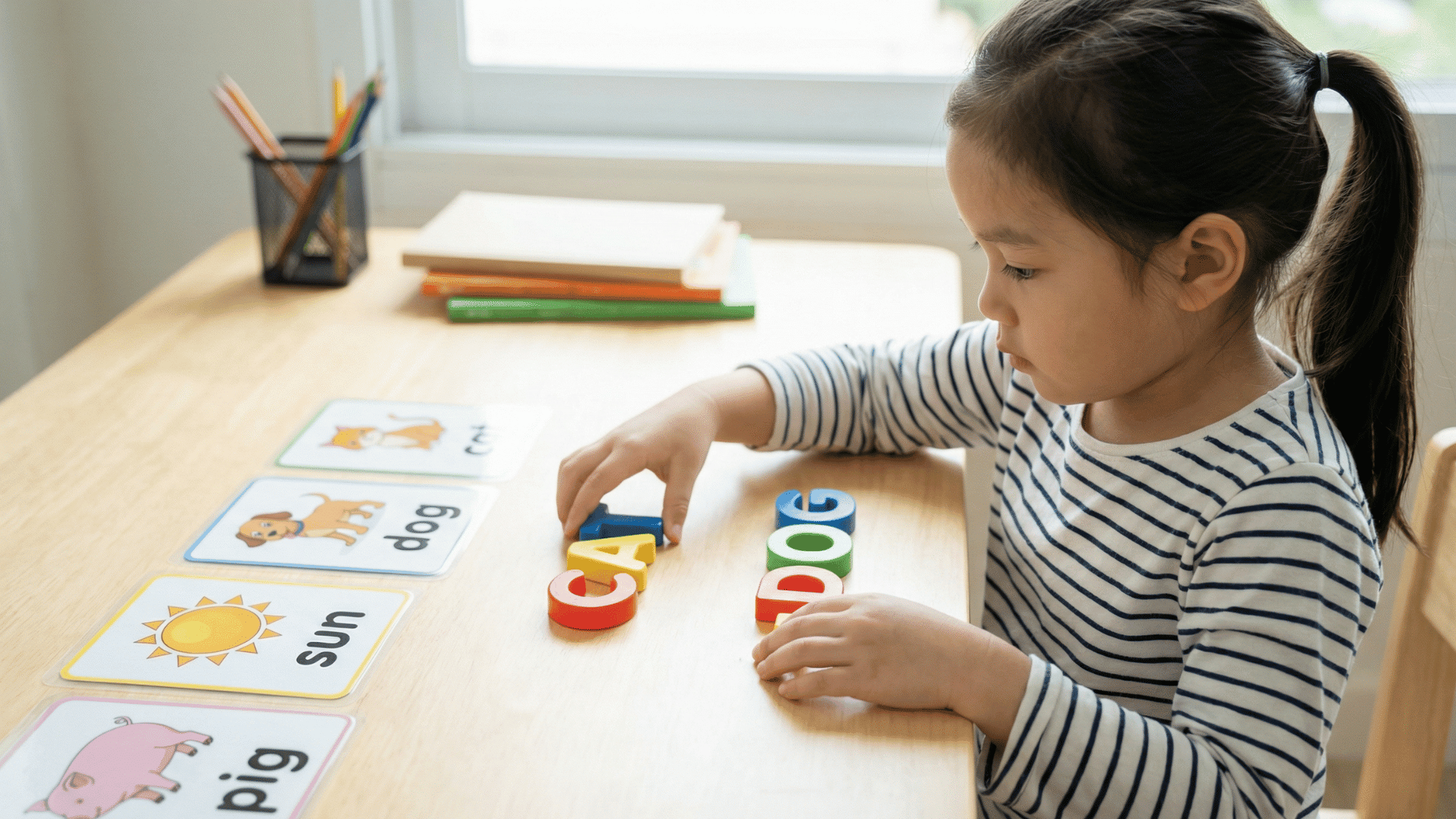 Kindergarten child building CVC words with letter blocks