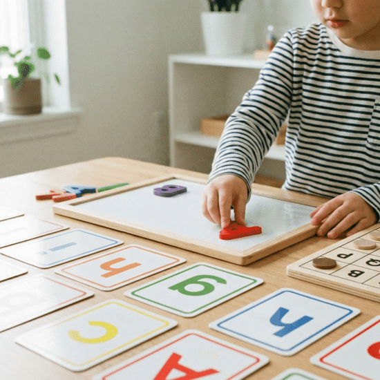 Kindergarten child playing letter recognition phonics game with alphabet cards