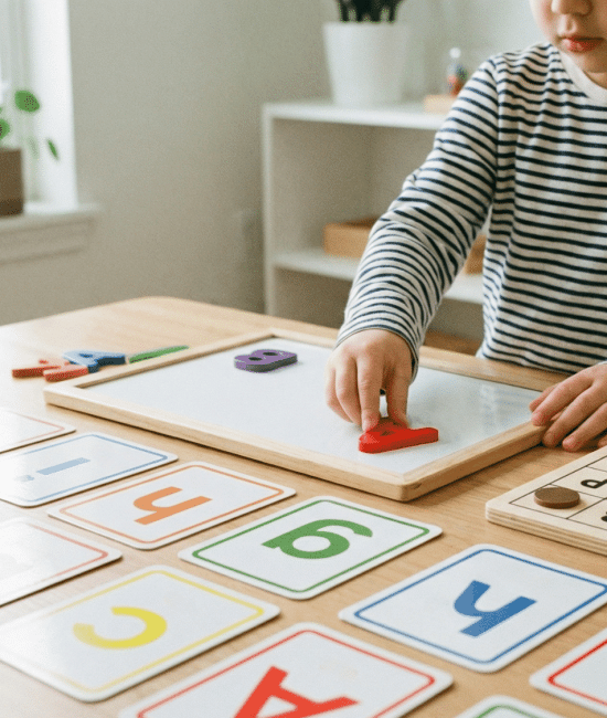 Kindergarten child playing letter recognition phonics game with alphabet cards