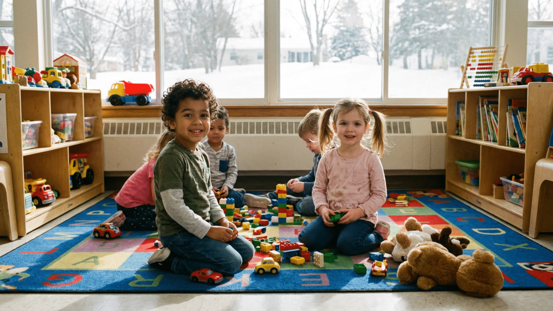 Kindergarten children playing with toys like LEGO and toy cars