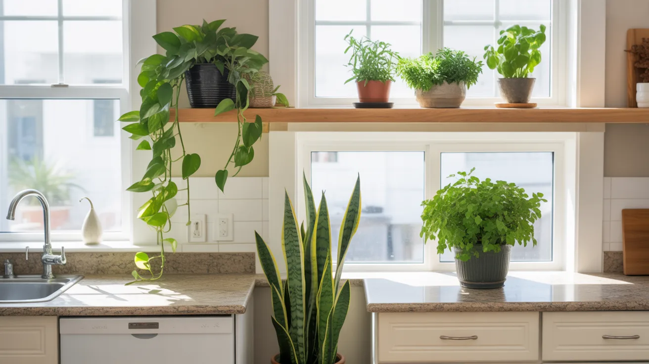 Kitchen with plants on shelves and counters bringing freshness and natural elements