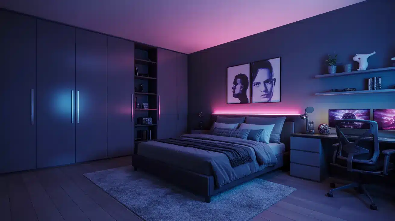LED light aesthetic room with purple and blue RGB strips behind the bed frame and desk, showcasing glowing aesthetic room ideas