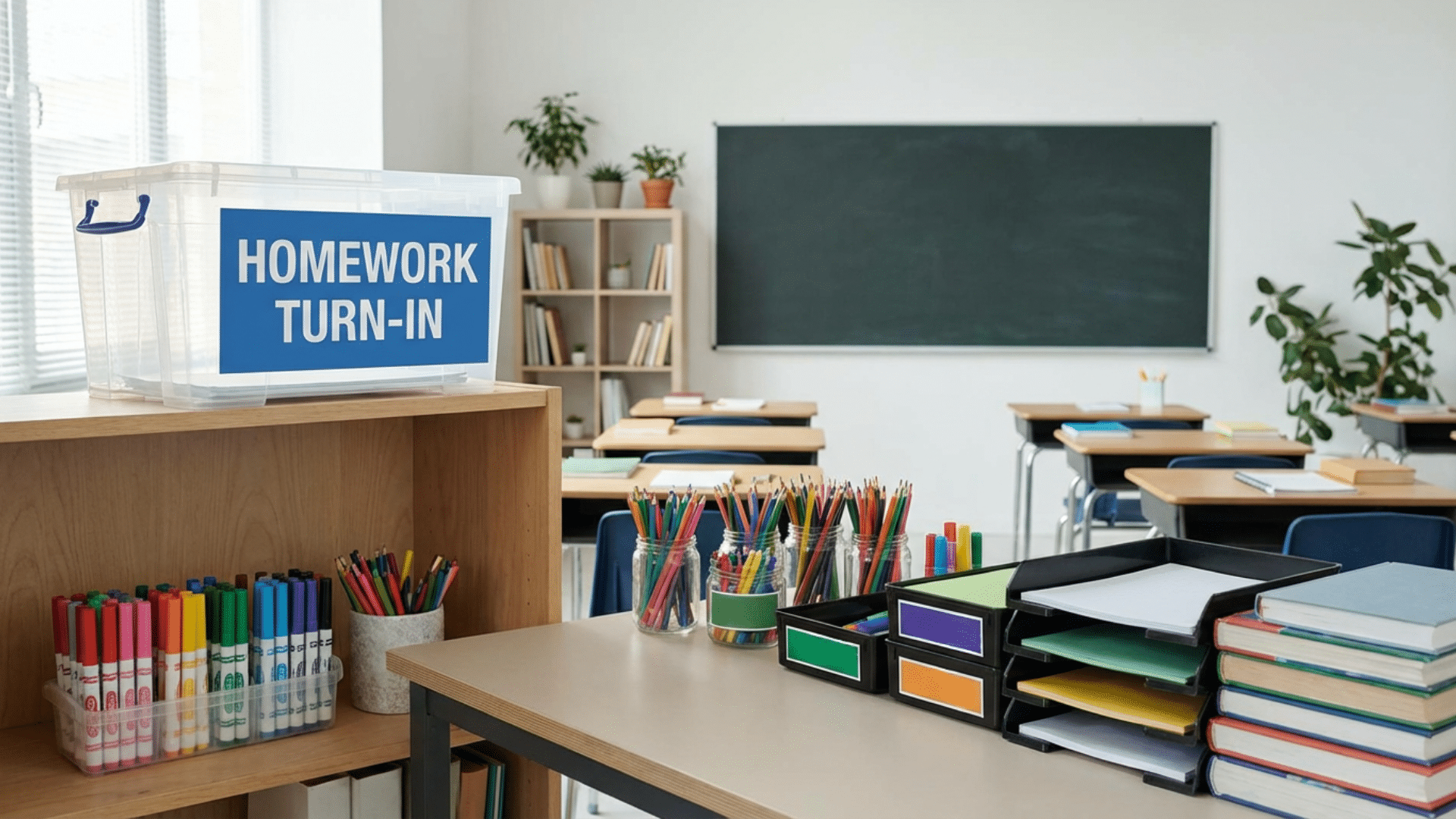 Labeled homework submission bin in organized classroom