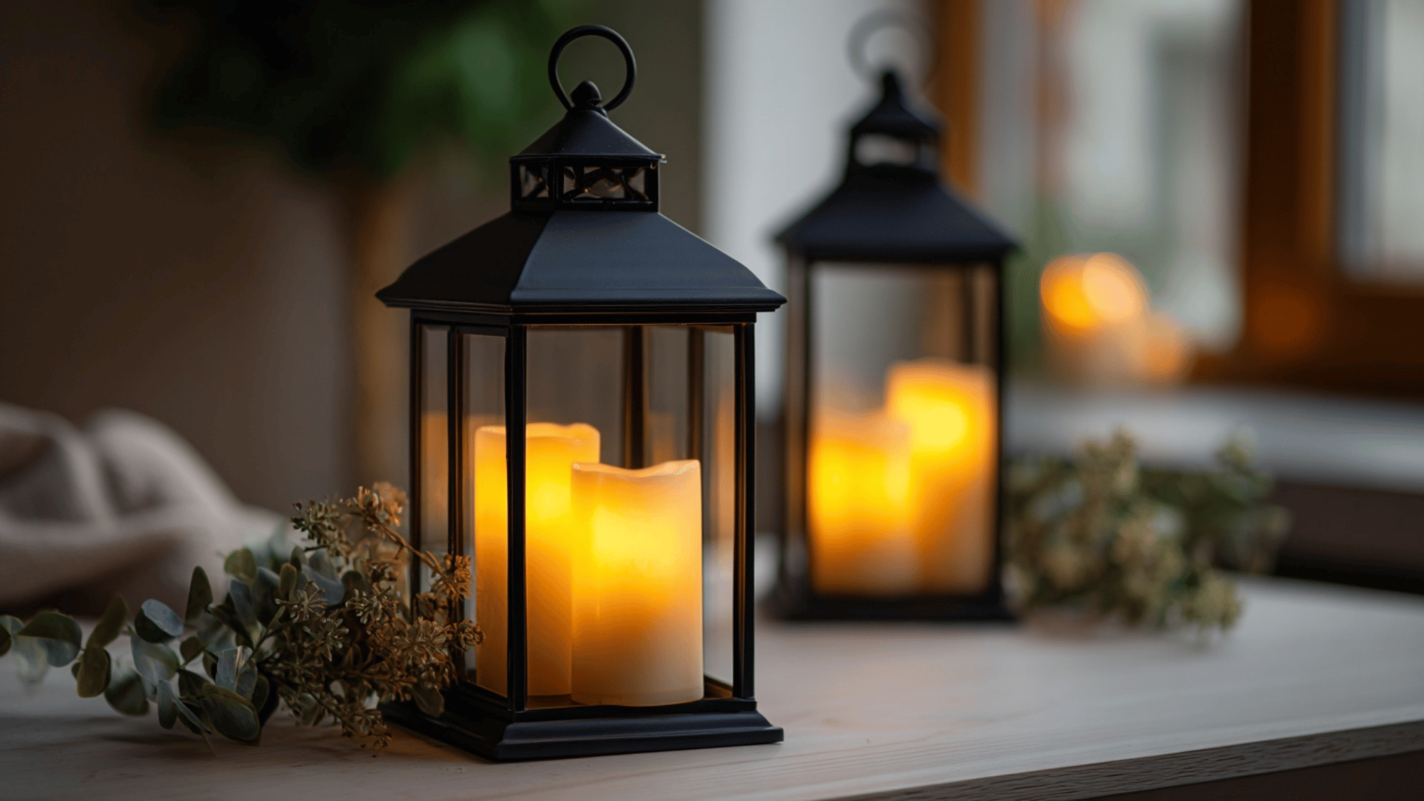 Lanterns with flameless candles glowing on a table
