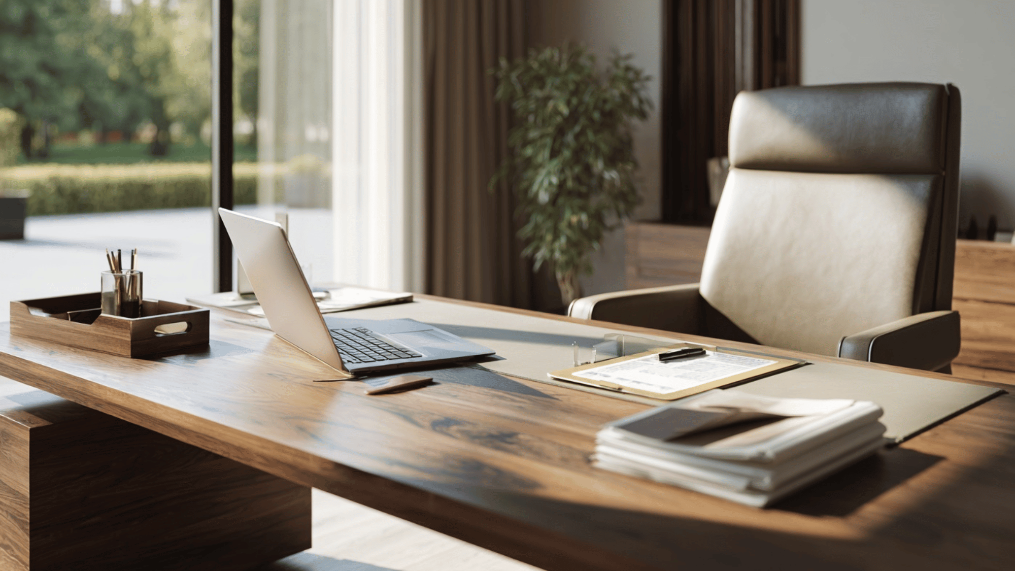 Large executive office desk with laptop and organized workspace