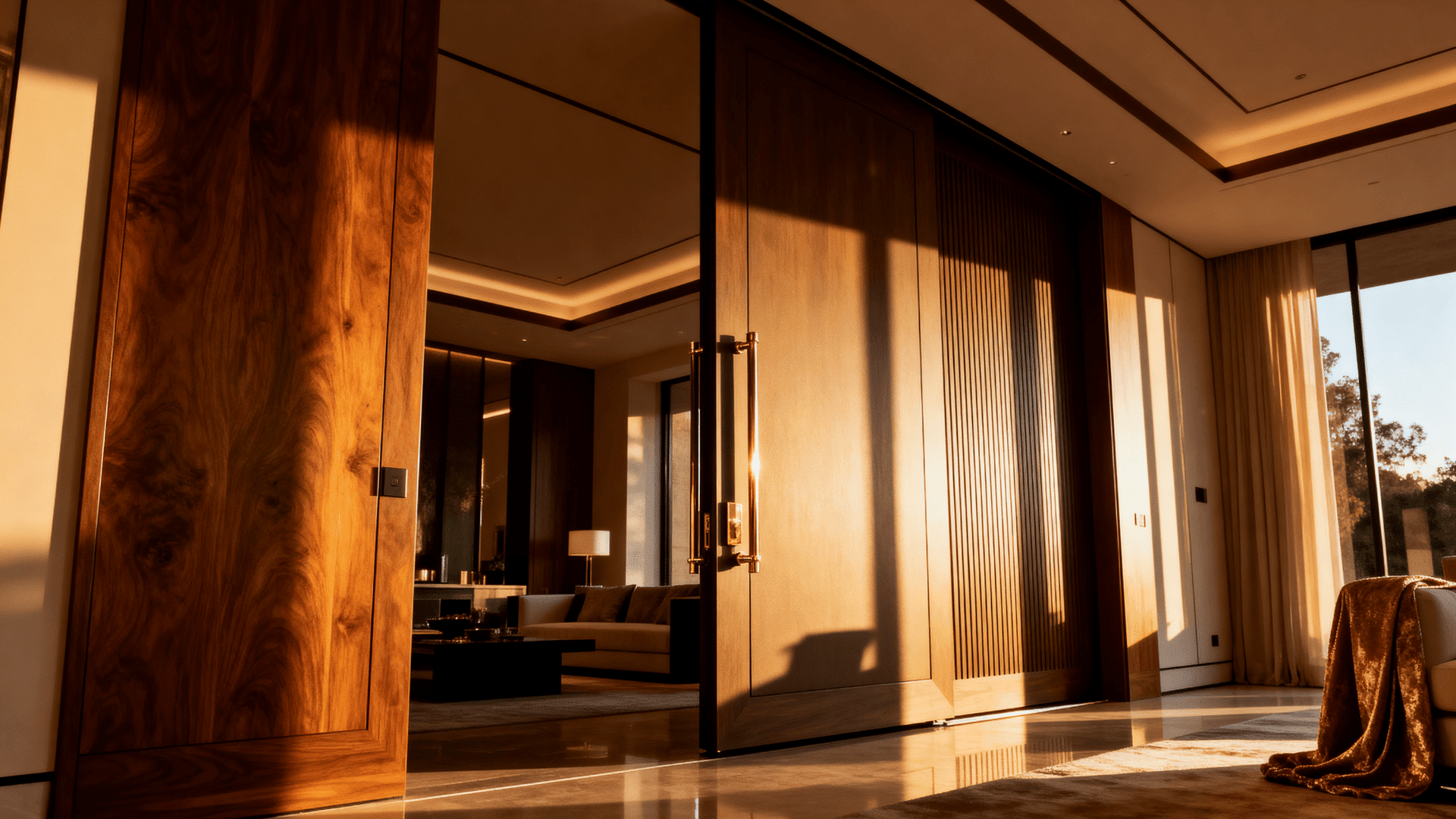 Large modern pivot door with rich wood finish, opening into a luxurious sunlit living space with sleek design and warm tones