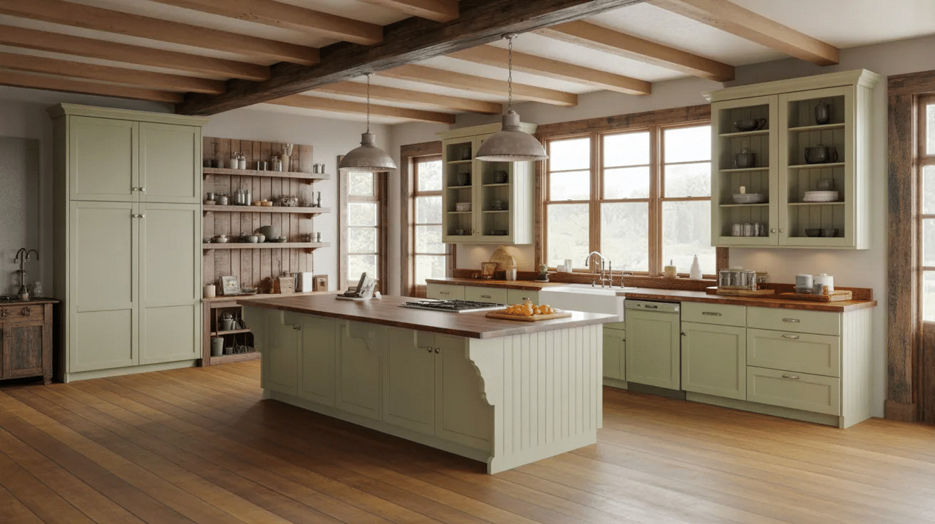 Large open kitchen with sage green cabinets creating a calm and inviting rustic space