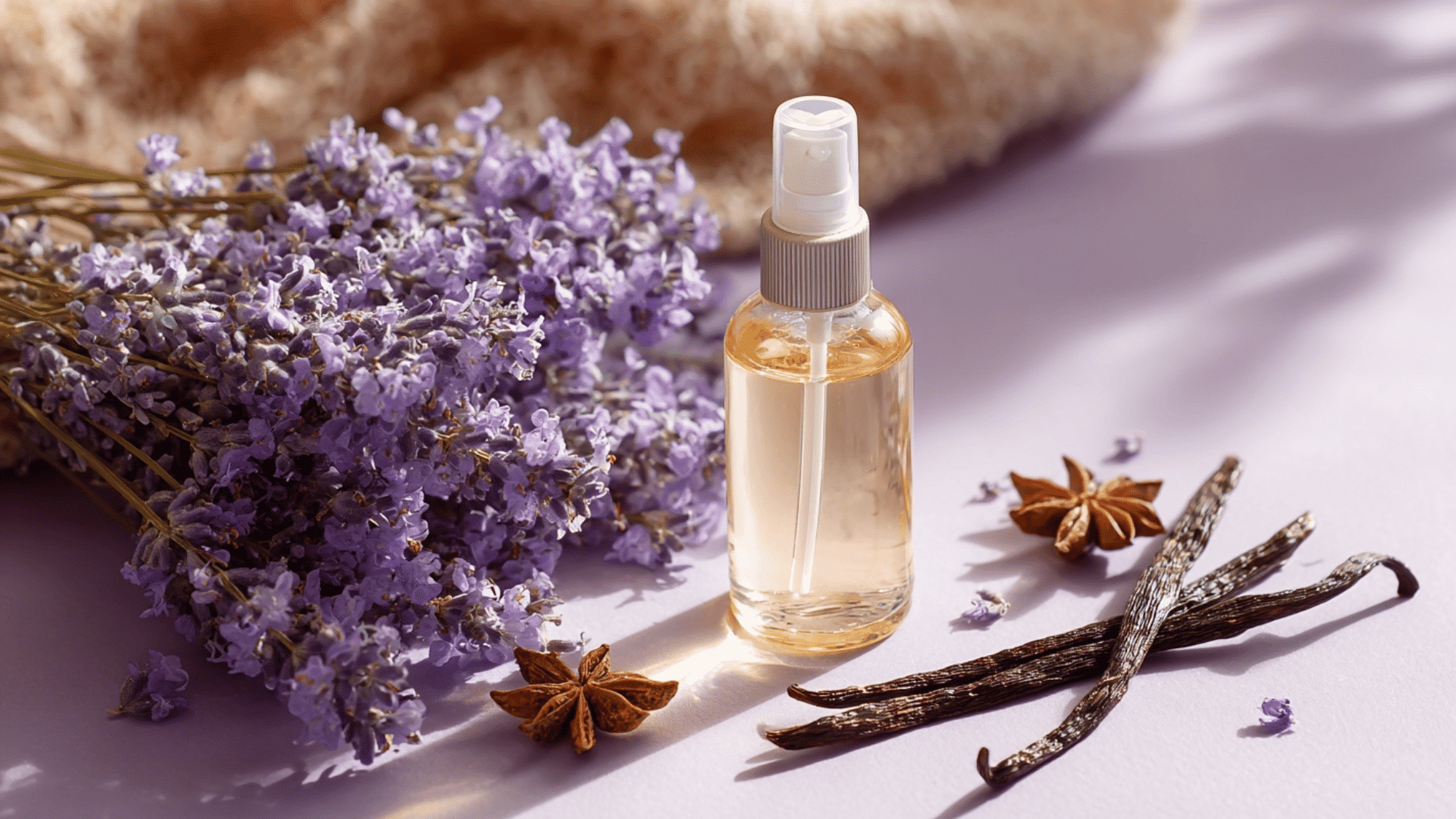 Lavender and vanilla mosquito repellent spray with fresh lavender on a clean white table.
