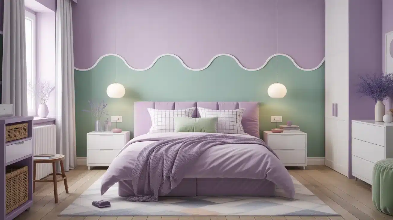 Lavender walls, clean white furniture, and pastel checkered cushions in a playful Danish pastel aesthetic room idea