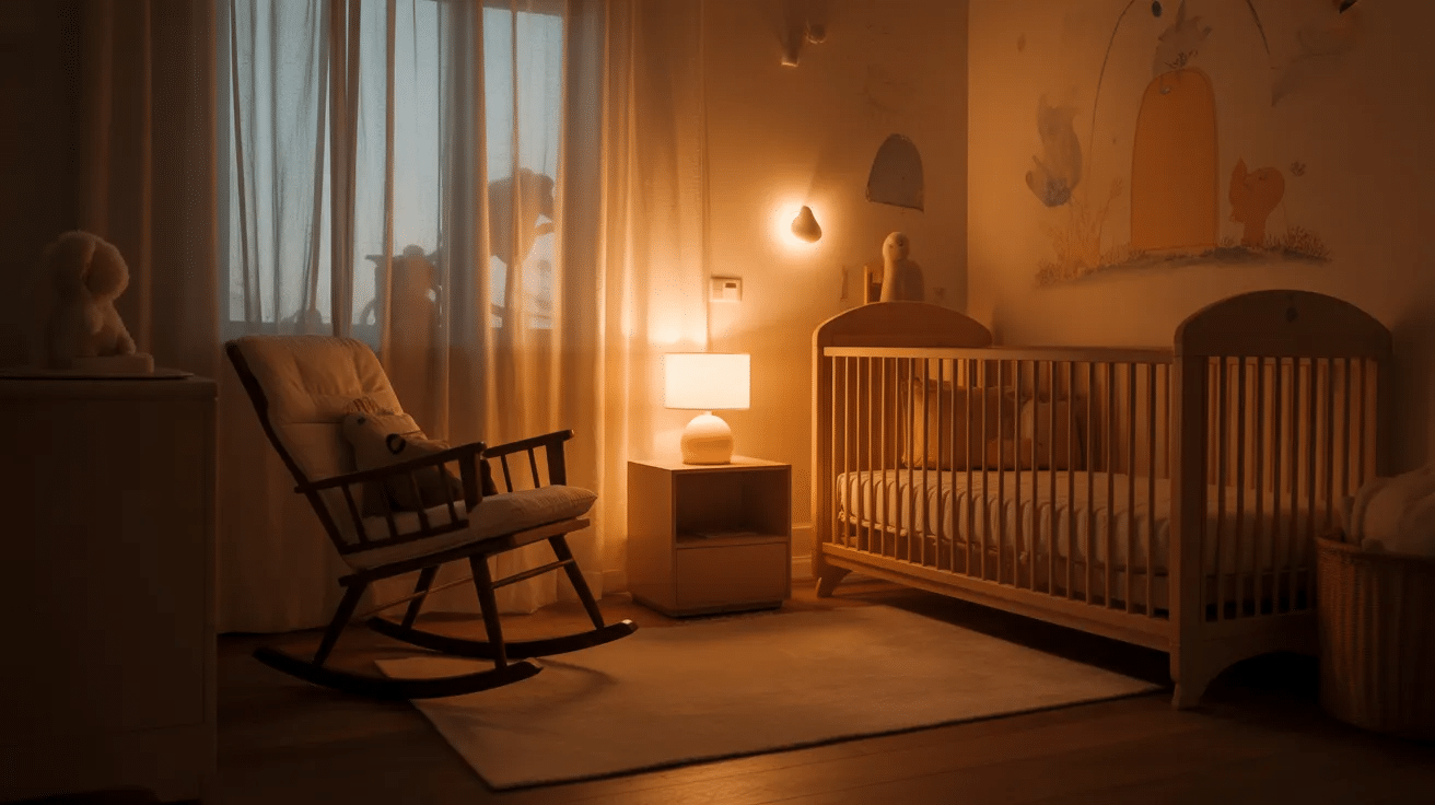 Layered lighting in small nursery space.
