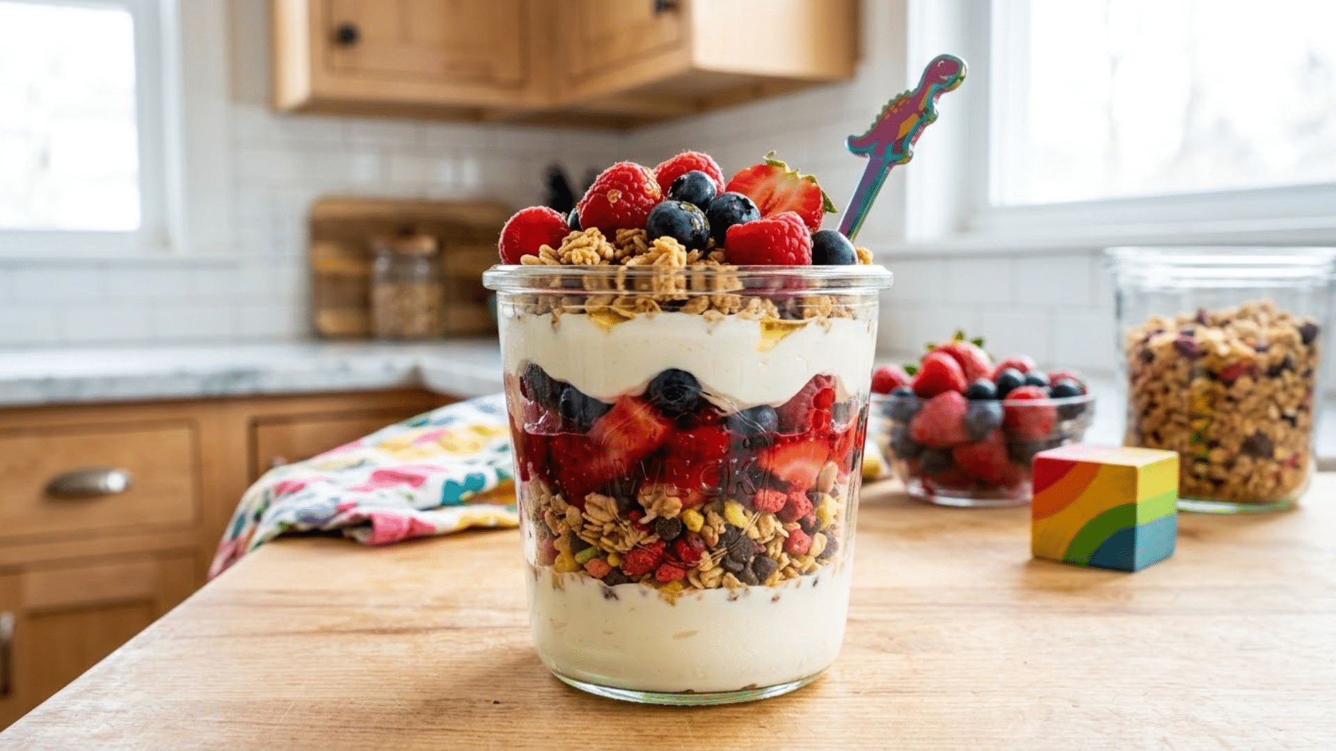 Layered yogurt parfait with fresh fruits and granola, a colorful and healthy snack for kids