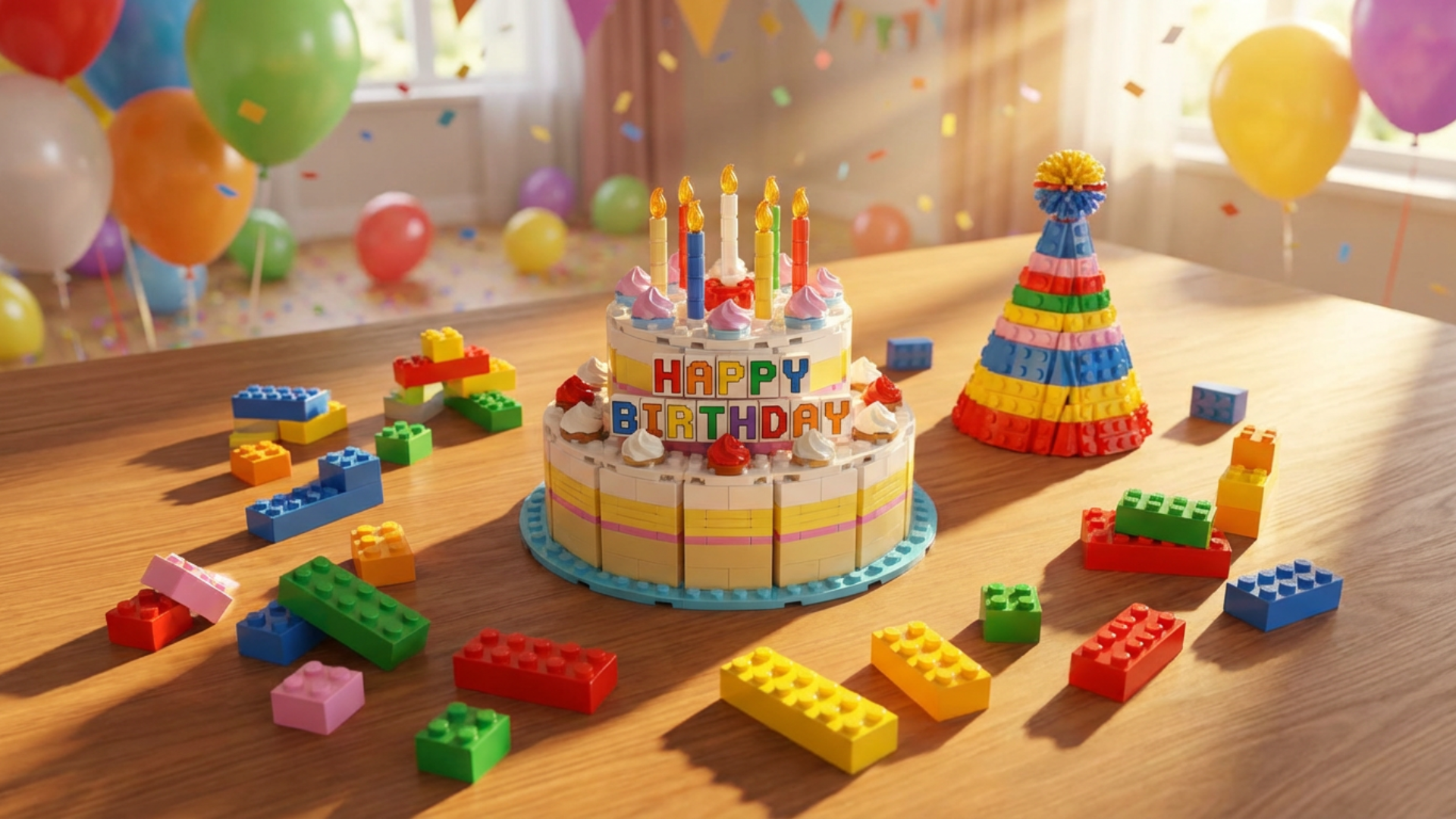 Lego building activity setup for birthday party