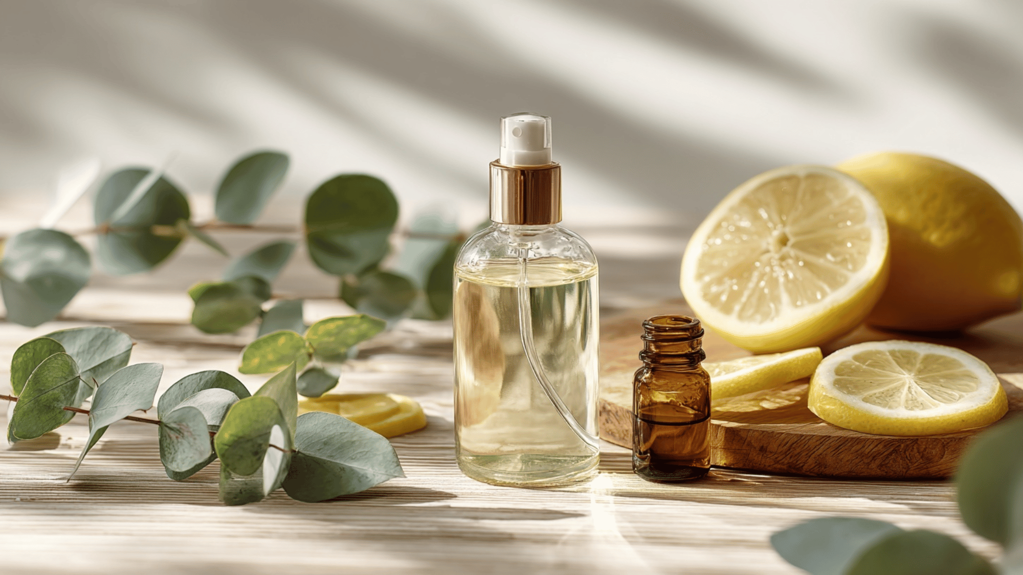 Lemon eucalyptus oil mosquito repellent spray with lemons and essential oil on a clean table.