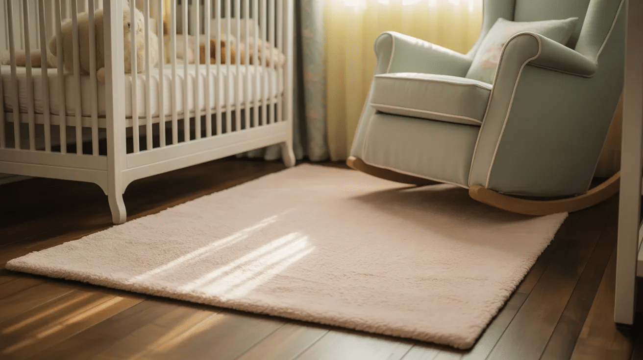 Light area rug defining nursery space.