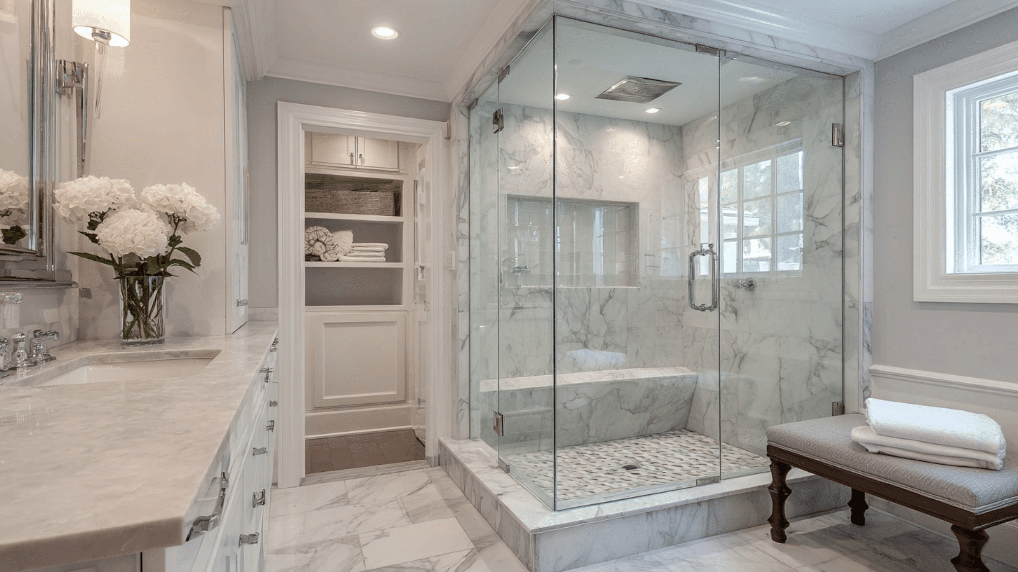 Luxurious primary bathroom featuring white marble vanity, a frameless glass shower enclosure with a built-in marble bench.