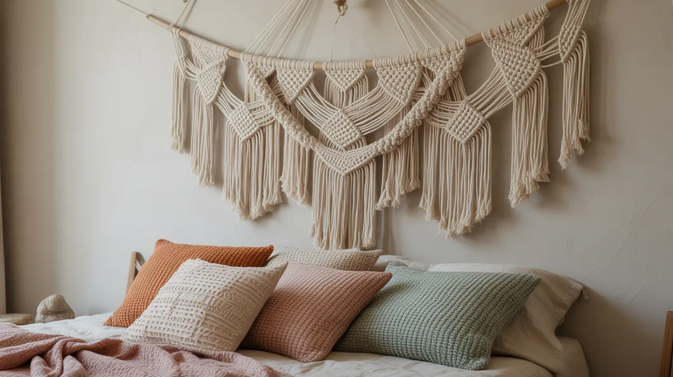 Macrame wall hanging above bed adding texture and a handmade touch to a boho bedroom
