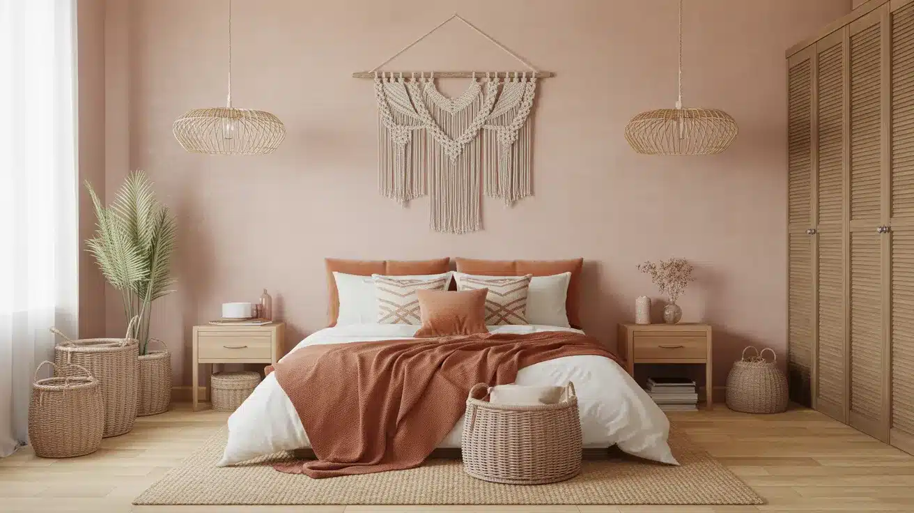 Macrame wall hanging, jute rug, and potted plants layered together in a warm boho aesthetic room idea