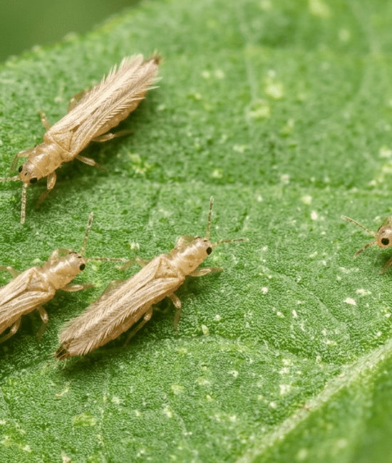 Macro photo of four small, elongated light-brown winged insects resting on a textured green leaf, scattered across the frame.