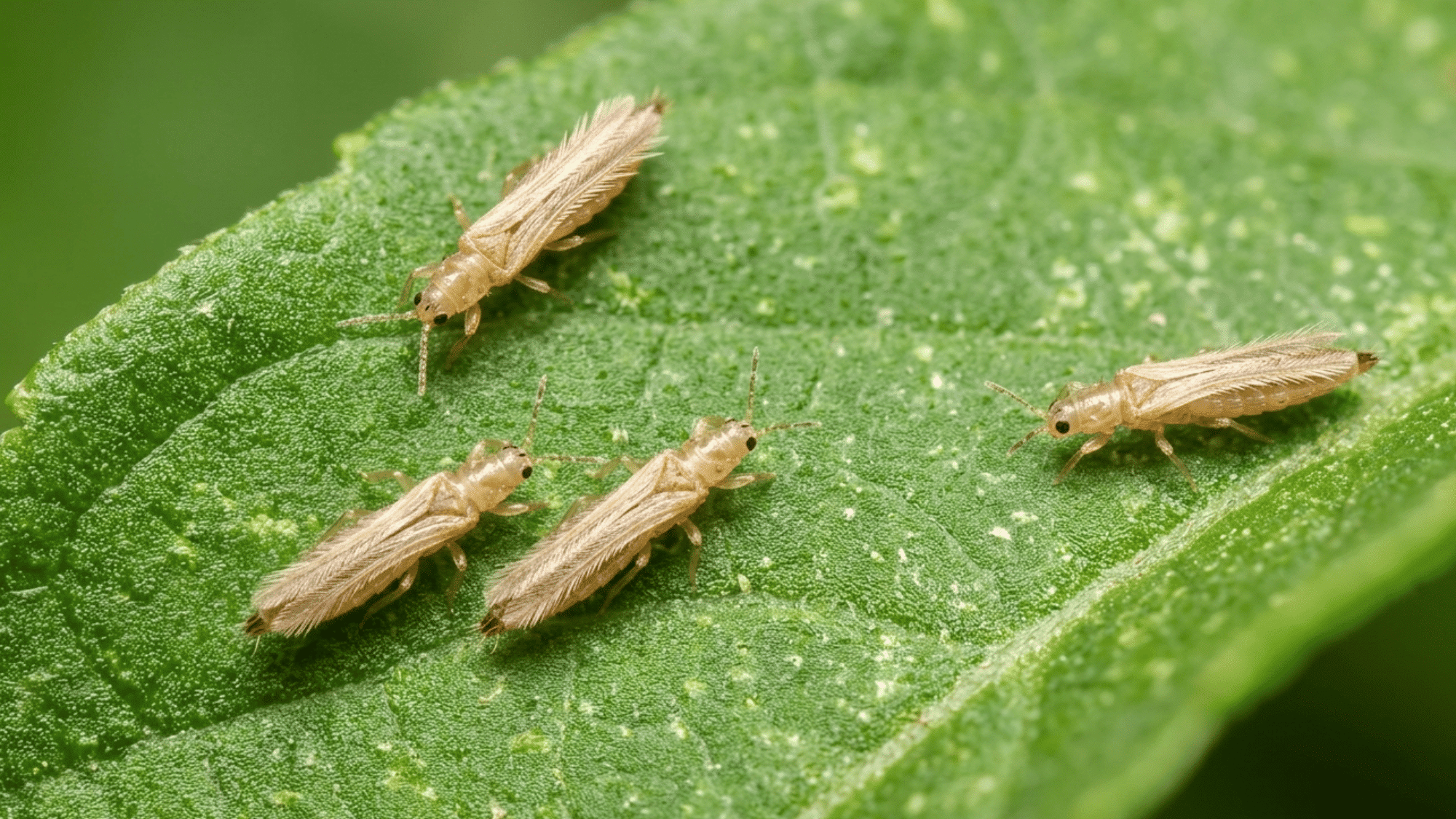 Macro photo of four small, elongated light-brown winged insects resting on a textured green leaf, scattered across the frame.