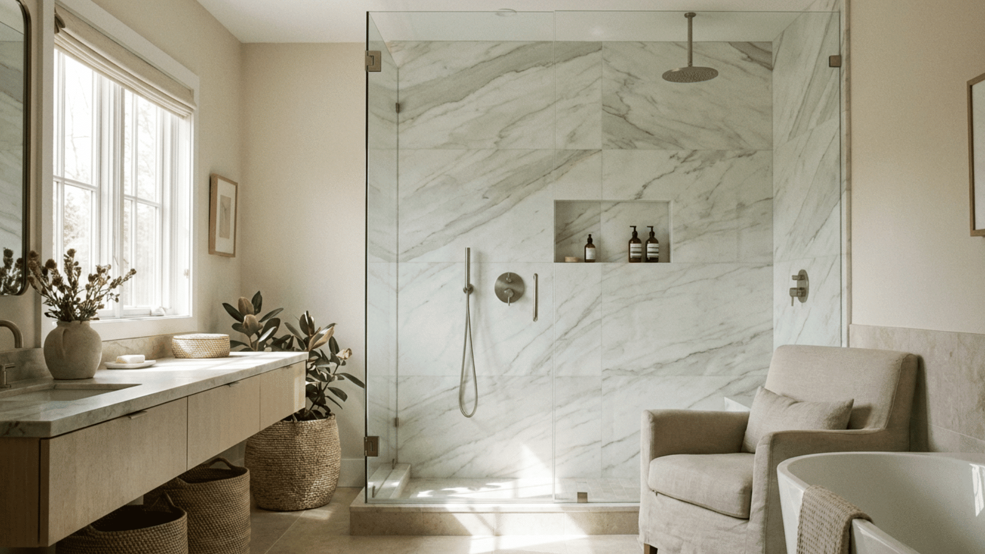 Marble tile shower adding a luxurious and elegant bathroom look