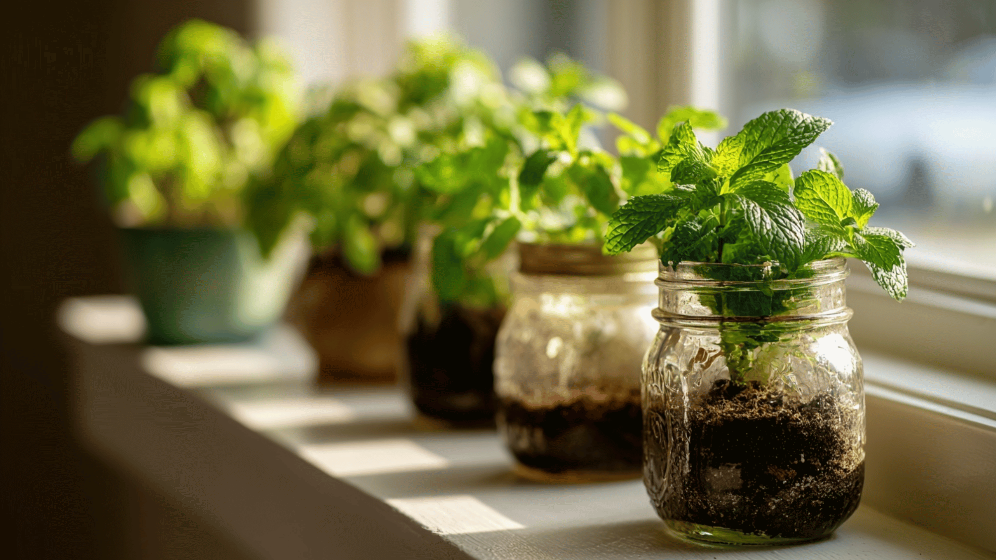 Mason jars with herbs placed on a clean windowsill in natural light