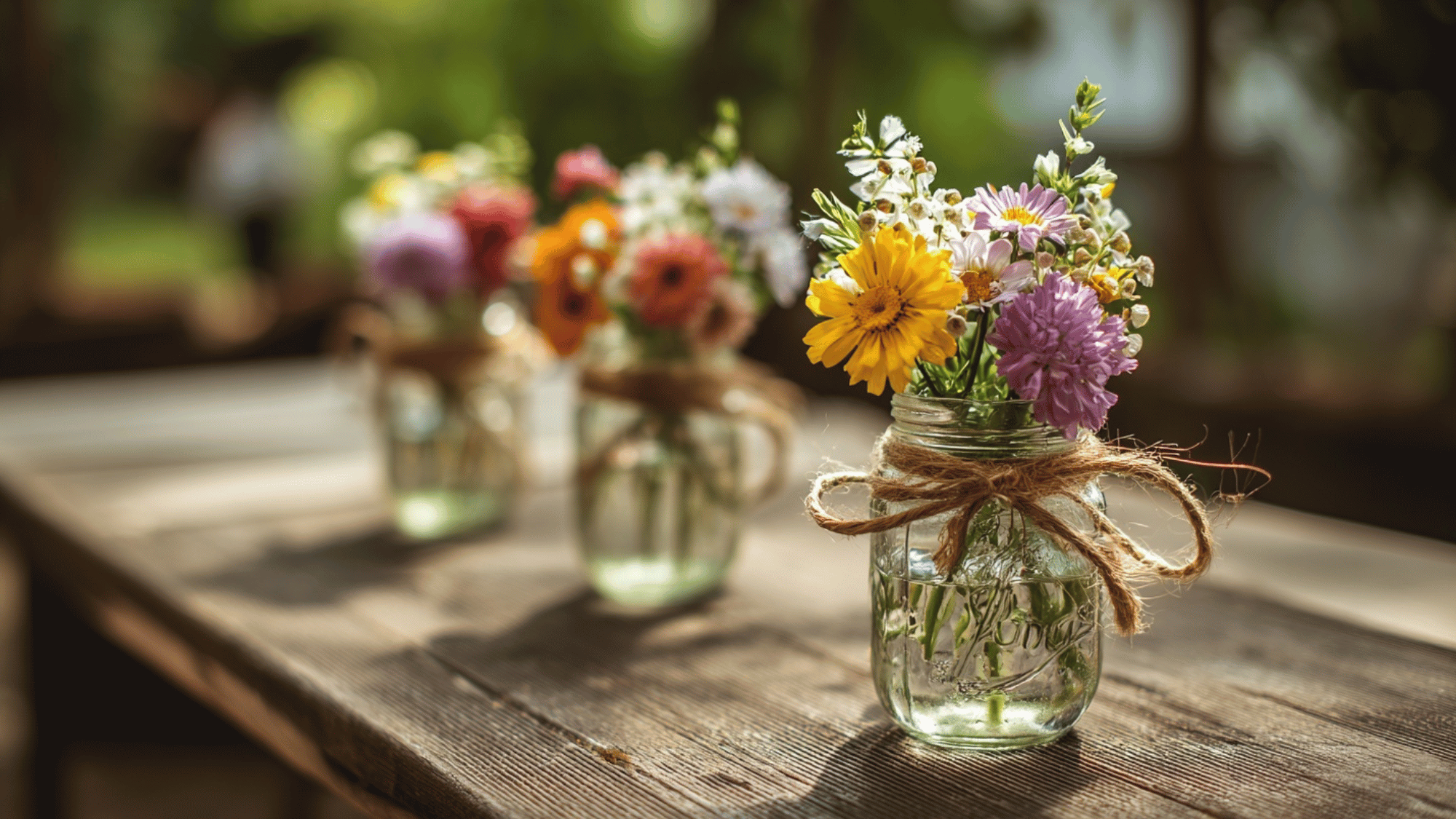 Mason jars with wildflowers and twine bows on a wooden table