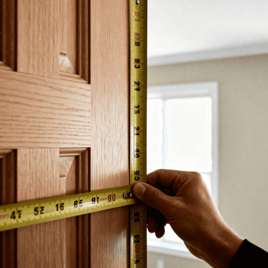 Measuring a standard interior door height with tape measure, showing typical 80-inch size in a modern home setting with natural light