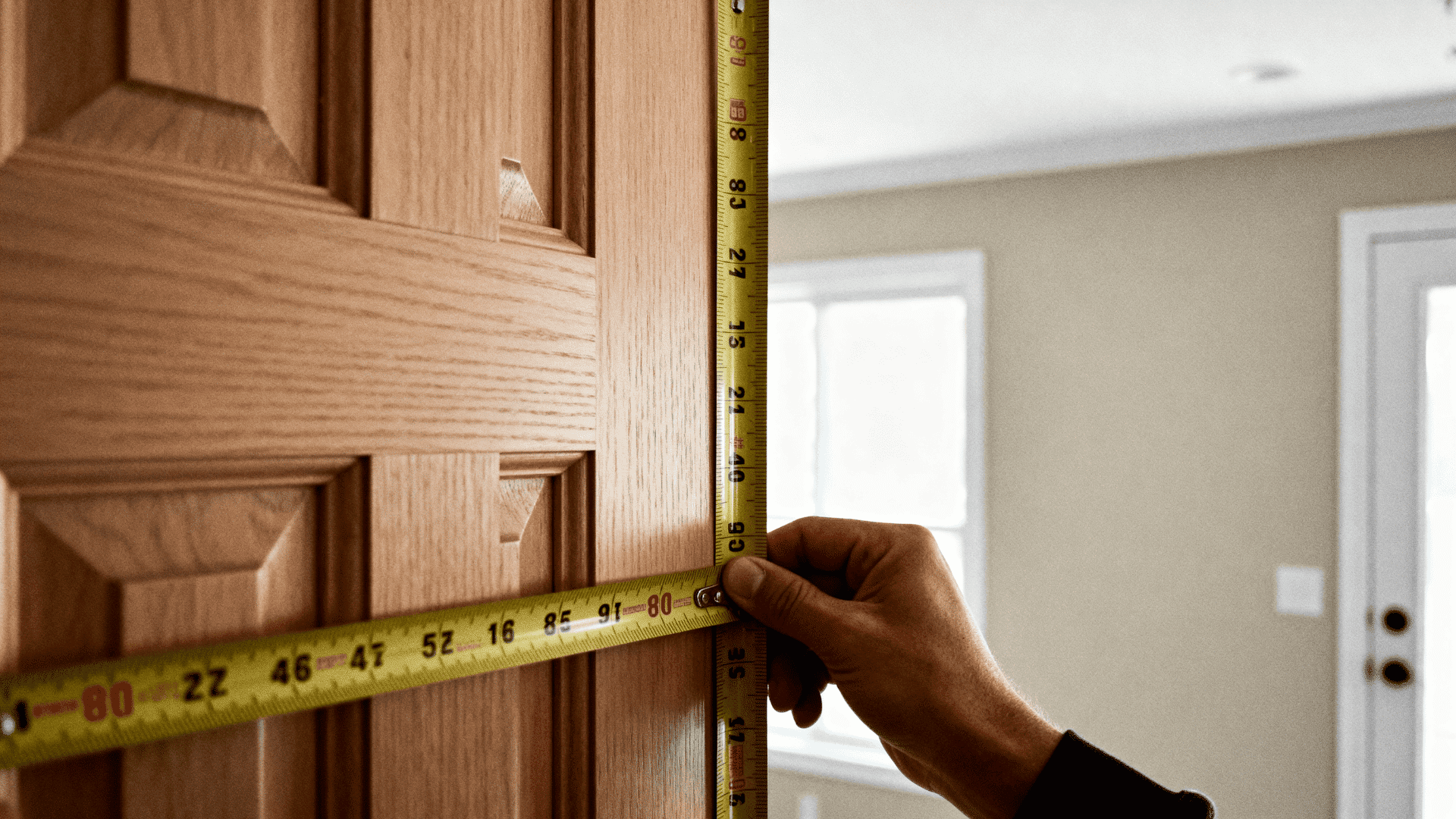 Measuring a standard interior door height with tape measure, showing typical 80-inch size in a modern home setting with natural light