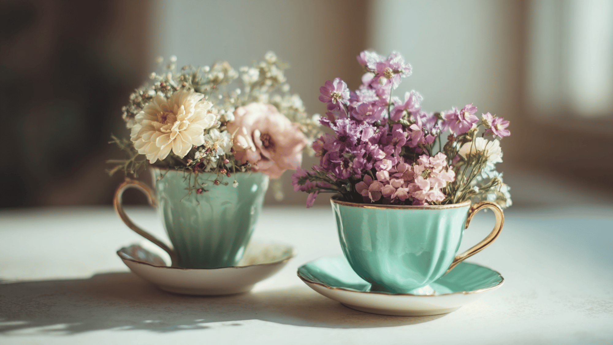 Mini bouquets in mismatched vintage teacups