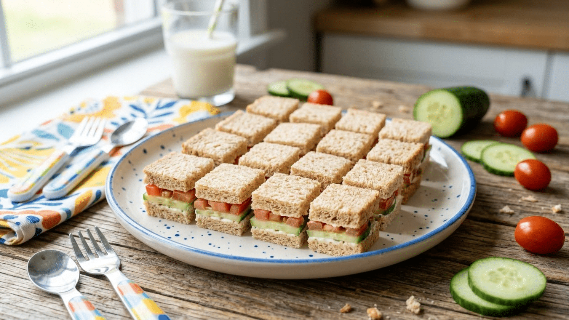 Mini veggie sandwiches with cucumber and tomato, a healthy and easy snack for kids