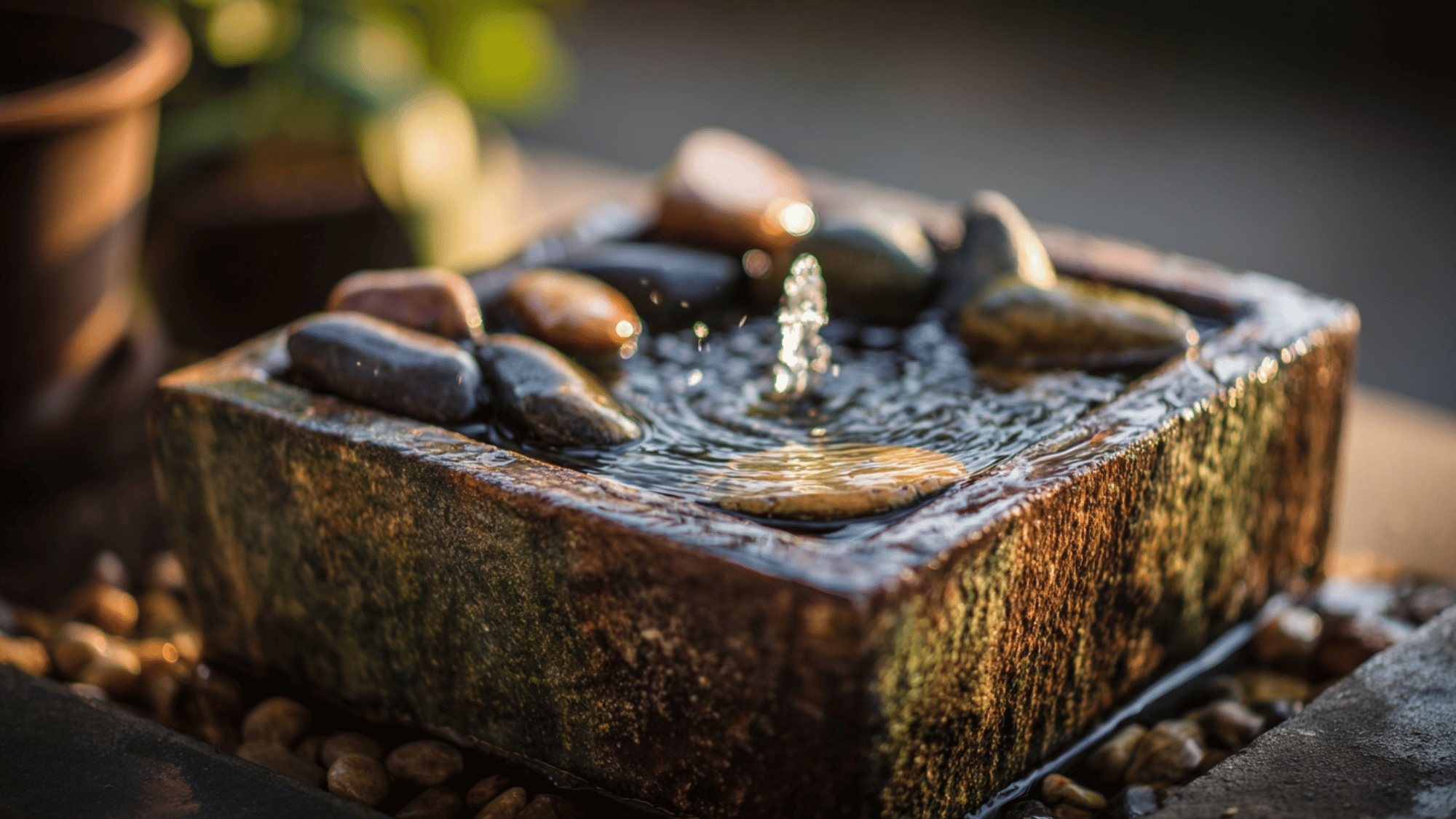 Mini water fountain with stones and flowing water in a neat garden corner