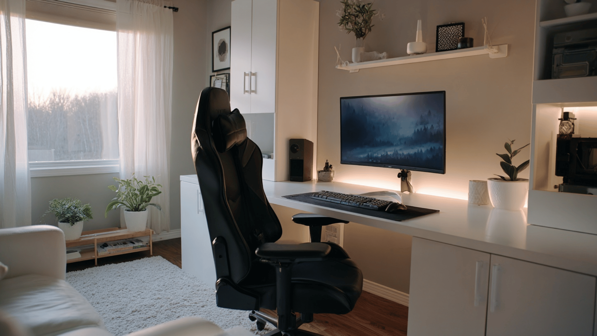 Minimal black and white home office setup with clean desk and no clutter