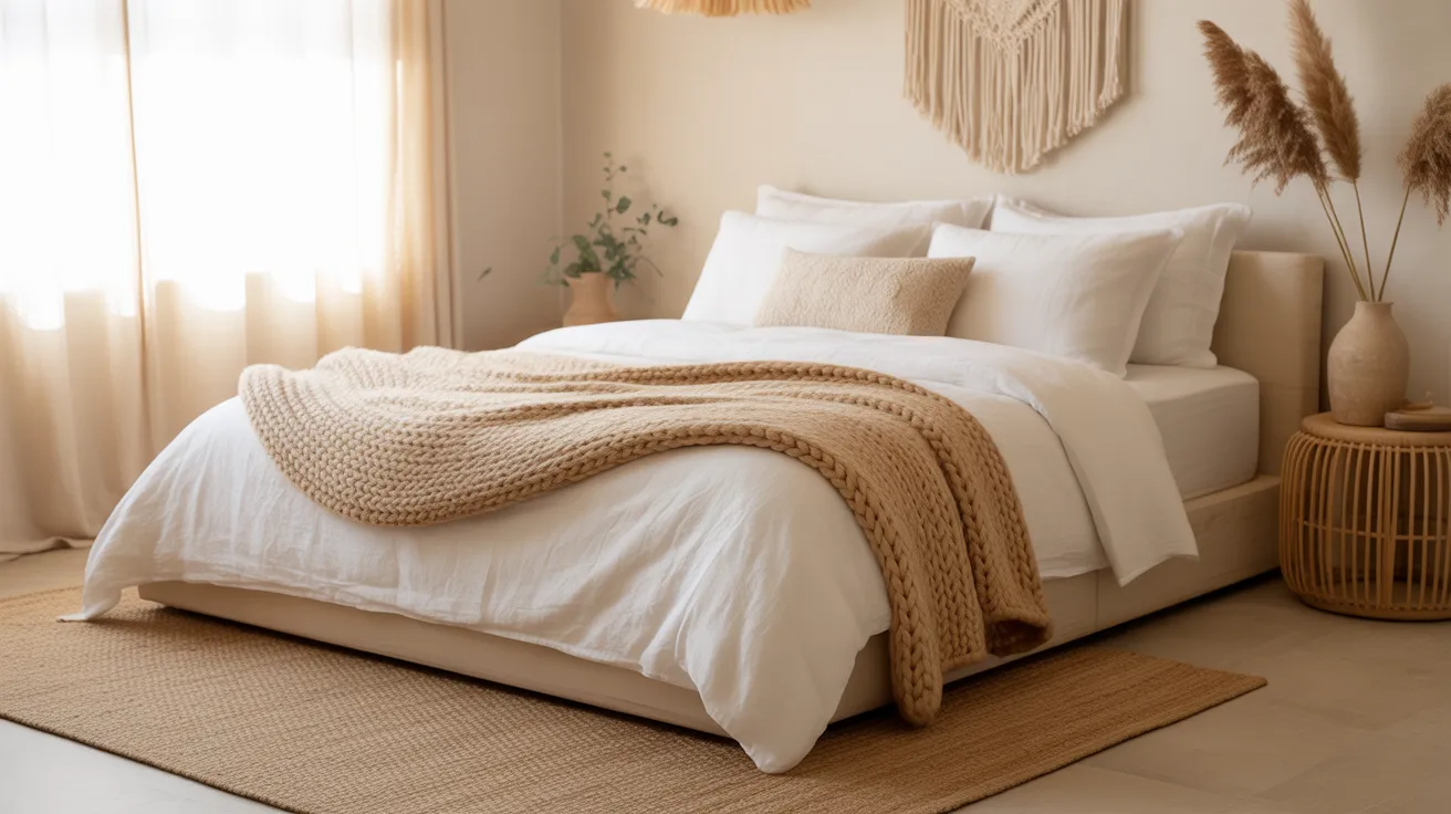Minimal boho bedroom with soft textures and clean layout creating a calm environment