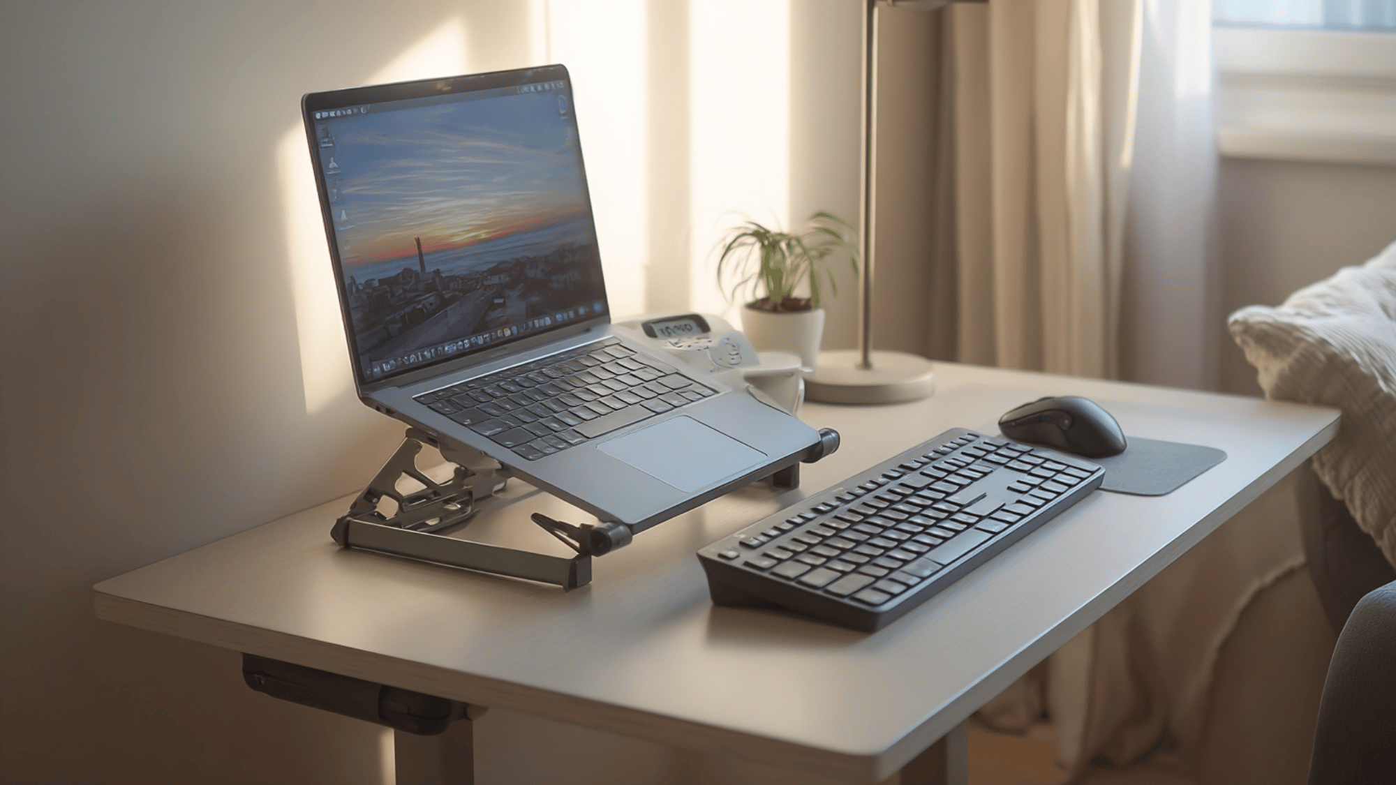 Minimal laptop setup with stand and clean portable workspace