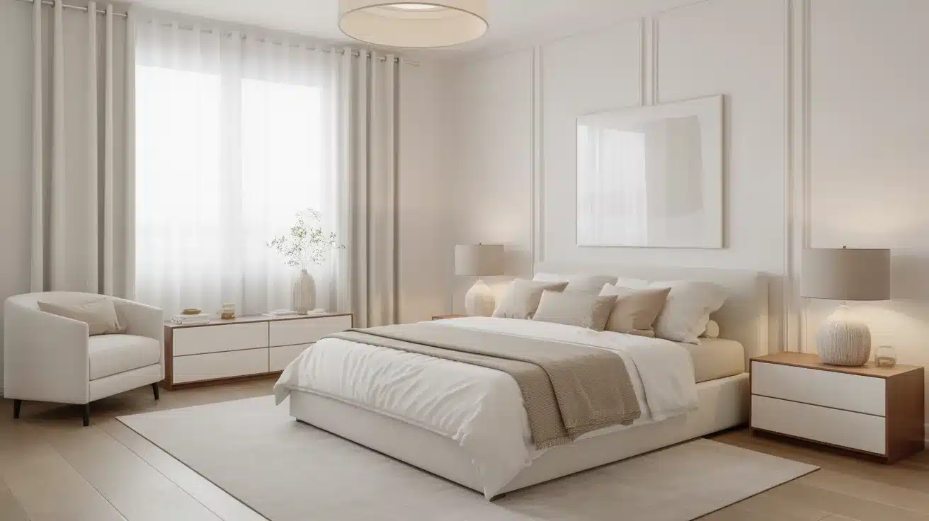 Minimalist aesthetic room with white walls, neutral furniture, and a single plant a clean and clutter-free aesthetic room idea