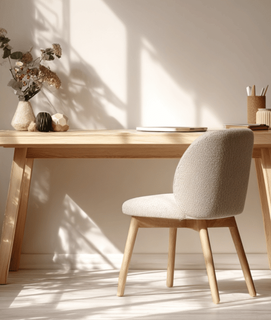 Minimalist home office featuring a light wood desk, textured neutral chair, and abundant natural light casting shadows.