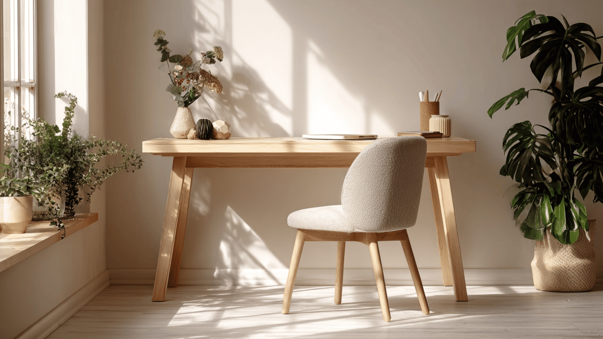 Minimalist home office featuring a light wood desk, textured neutral chair, and abundant natural light casting shadows.