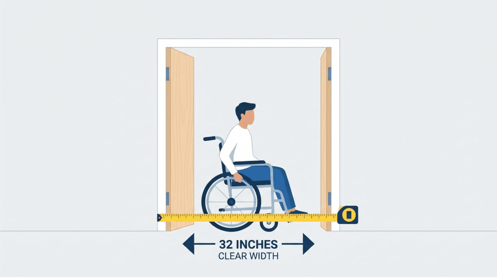 Minimum door width showing 32 inches clear space with wheelchair accessibility