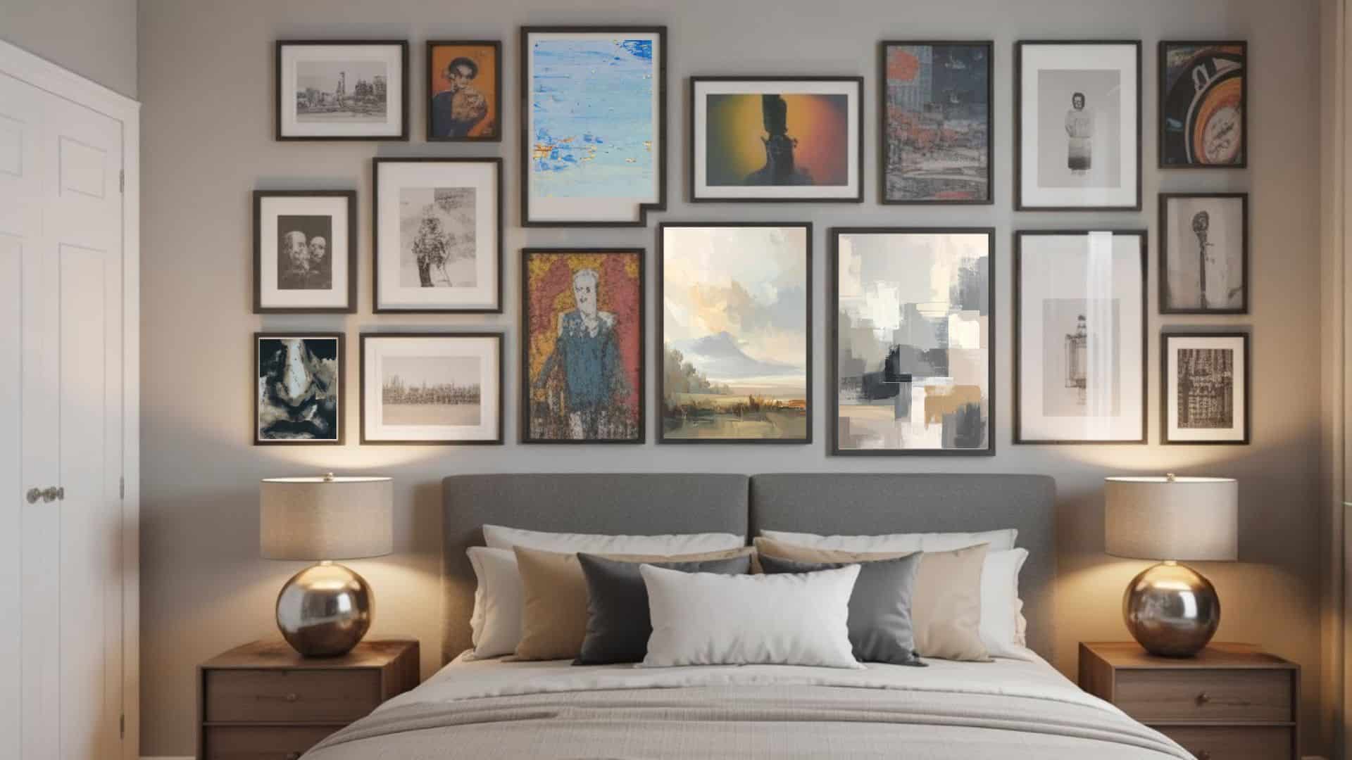Mixed framed prints and canvas art covering a wall in a creative gallery-style aesthetic room idea