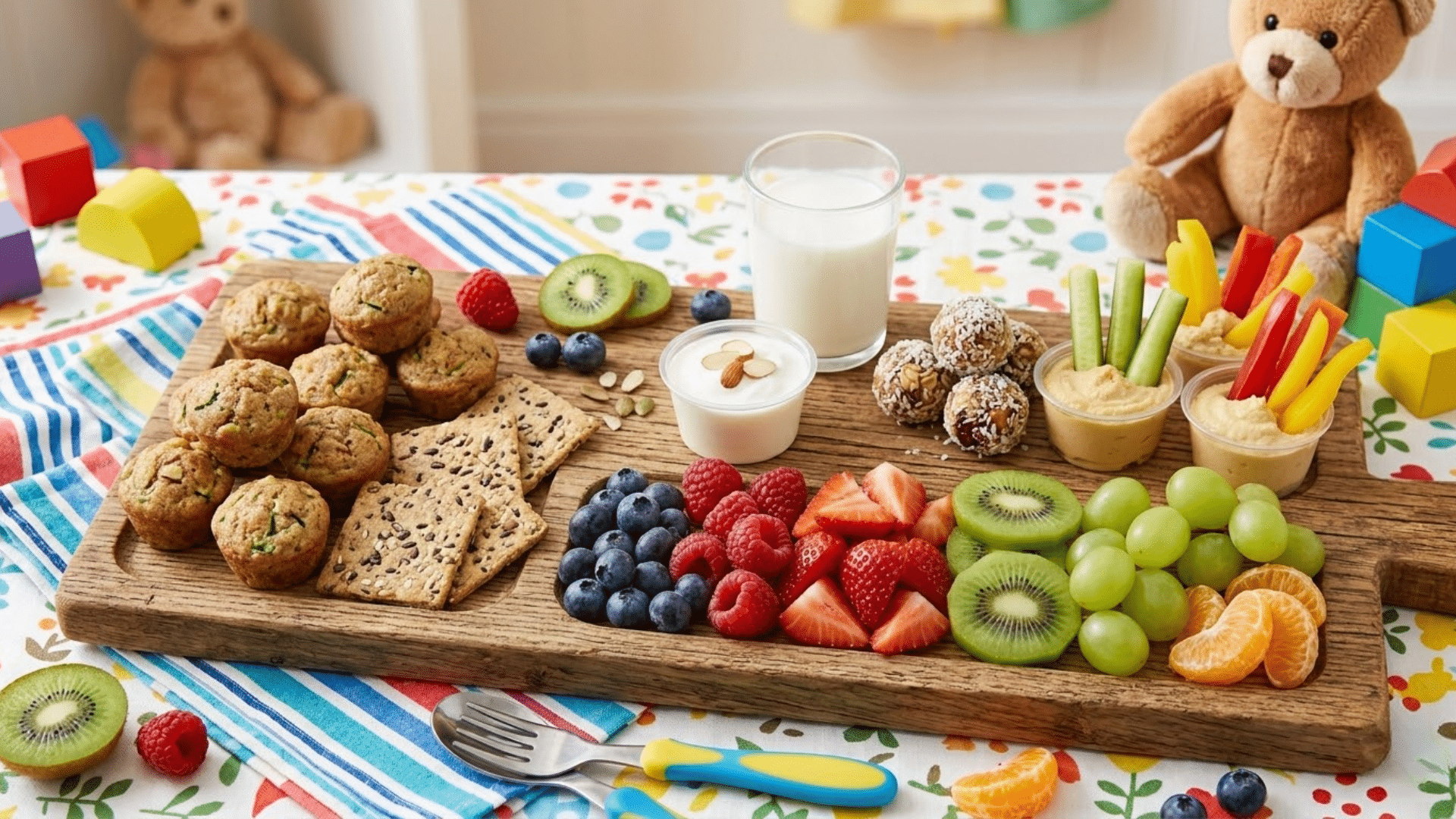 Mixed healthy snack ideas for kids including fruits, grains, and simple homemade options