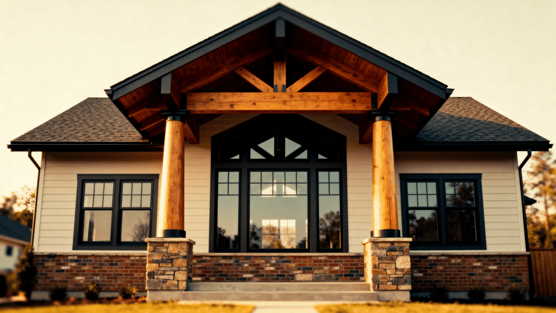 Modern Craftsman home with timber columns, stone base, brick accents, and large black-framed windows beneath a gabled wood porch.
