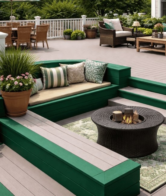 Modern backyard deck with neutral gray boards and bold emerald green accents on steps, borders, and railings with cozy seating area