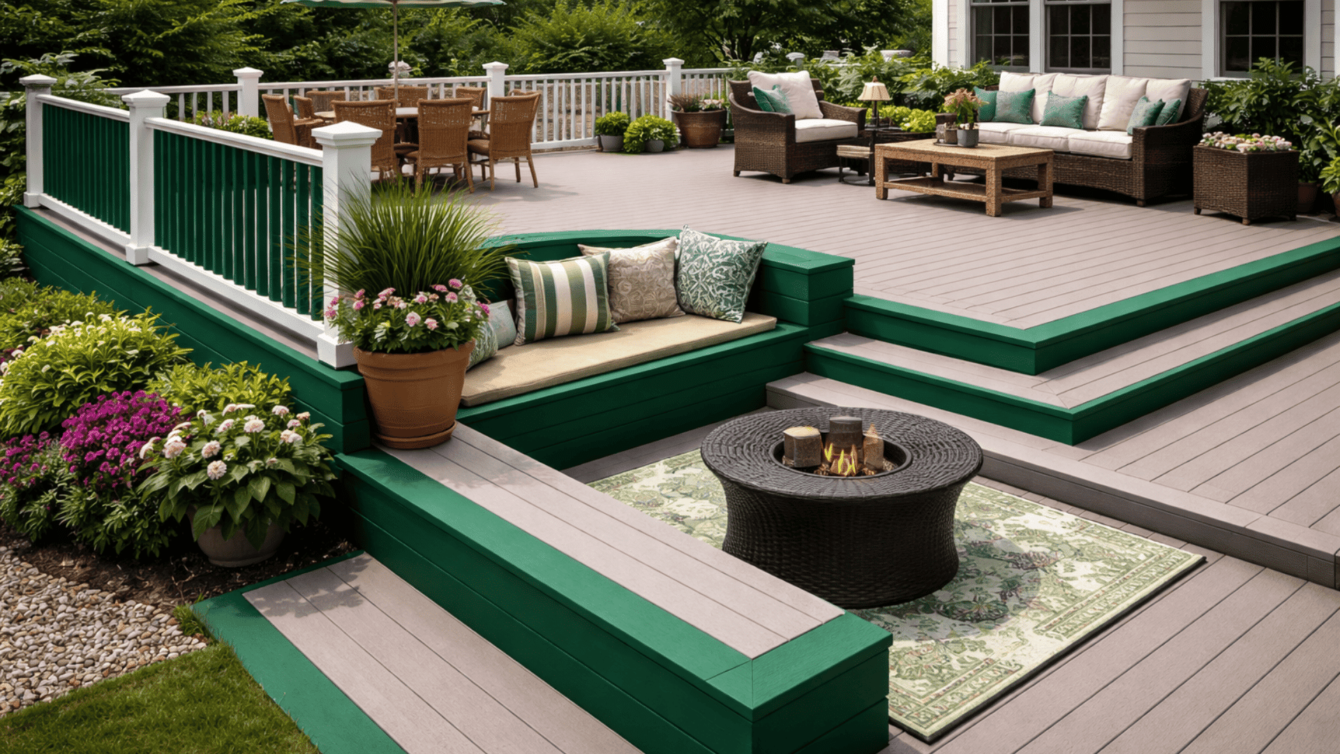 Modern backyard deck with neutral gray boards and bold emerald green accents on steps, borders, and railings with cozy seating area