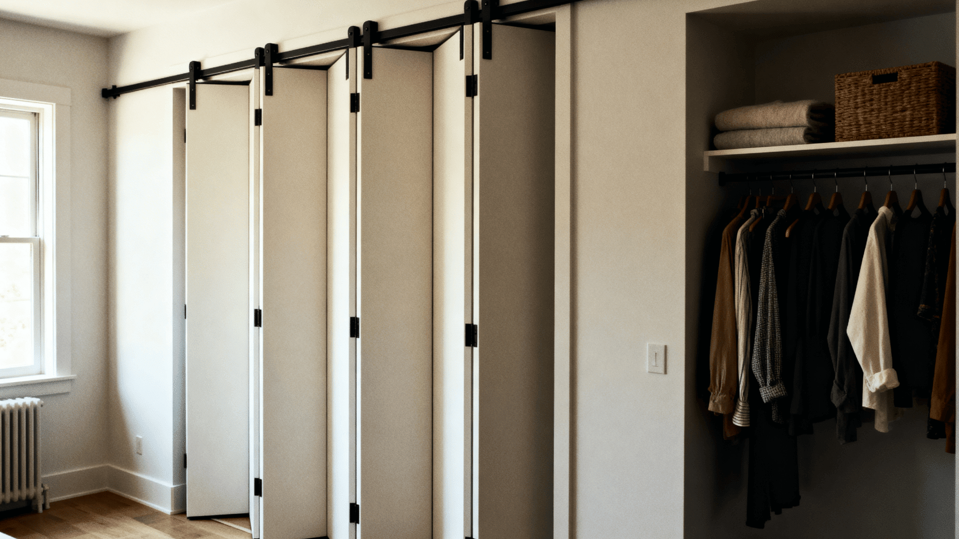 Modern bifold closet doors on black track, partially open to reveal organized clothing, shelves, and soft natural light from nearby window